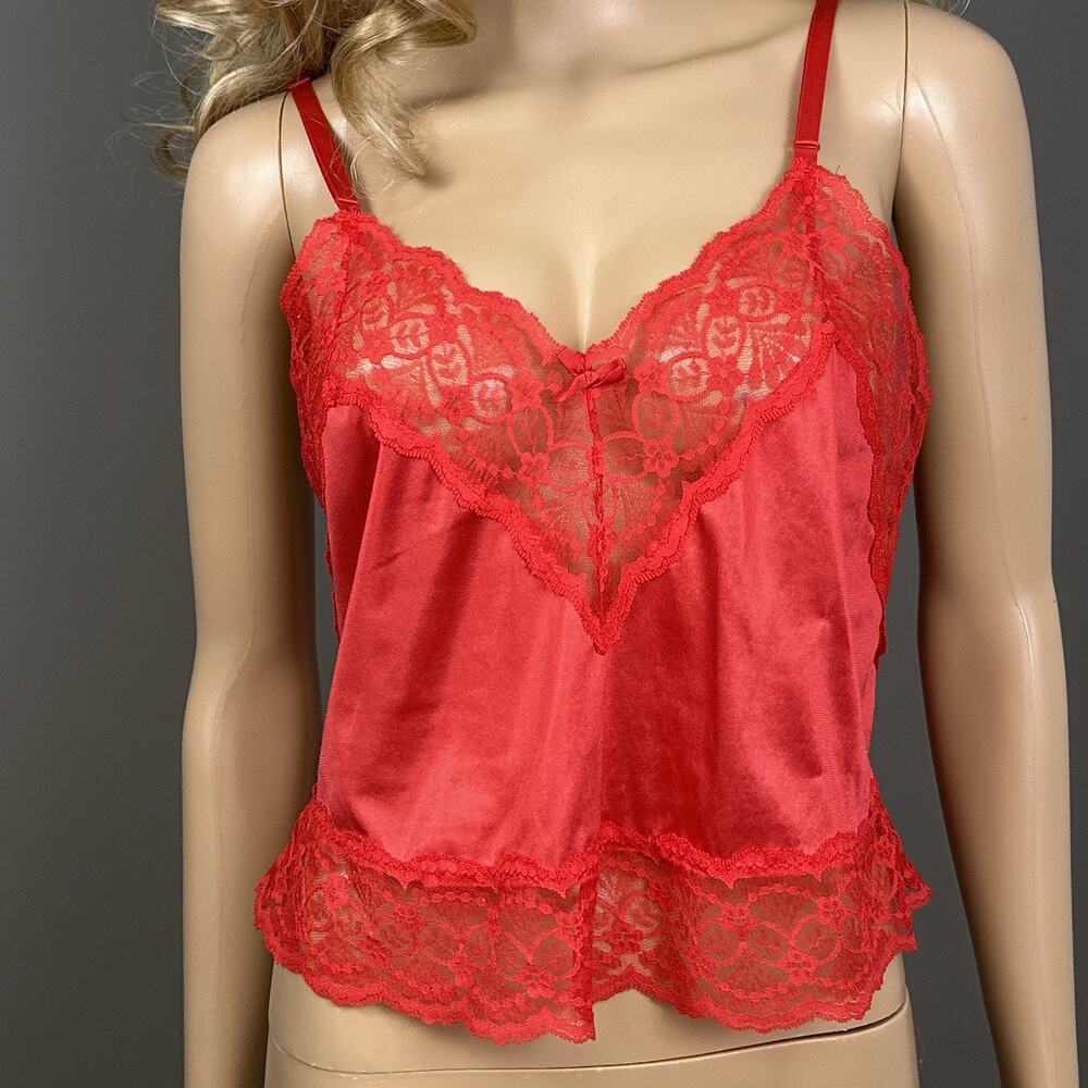 Vintage Body Lites Camisole Size 32 Red Antron III Nylon Wide Lace V-Neck USA